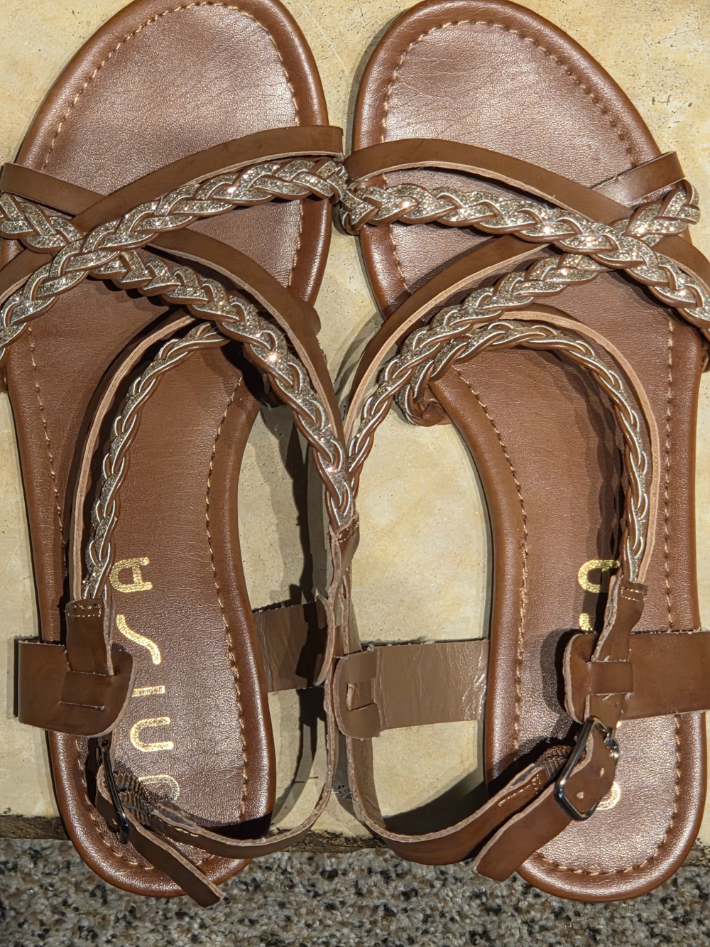 Unisa Brown Braided Strap Sandals with Metallic Accent